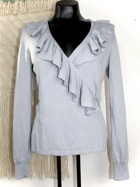 Lauren Ralph Lauren Size S/P Light Gray Ruffle Wrap-Front Women's Top SWEATER